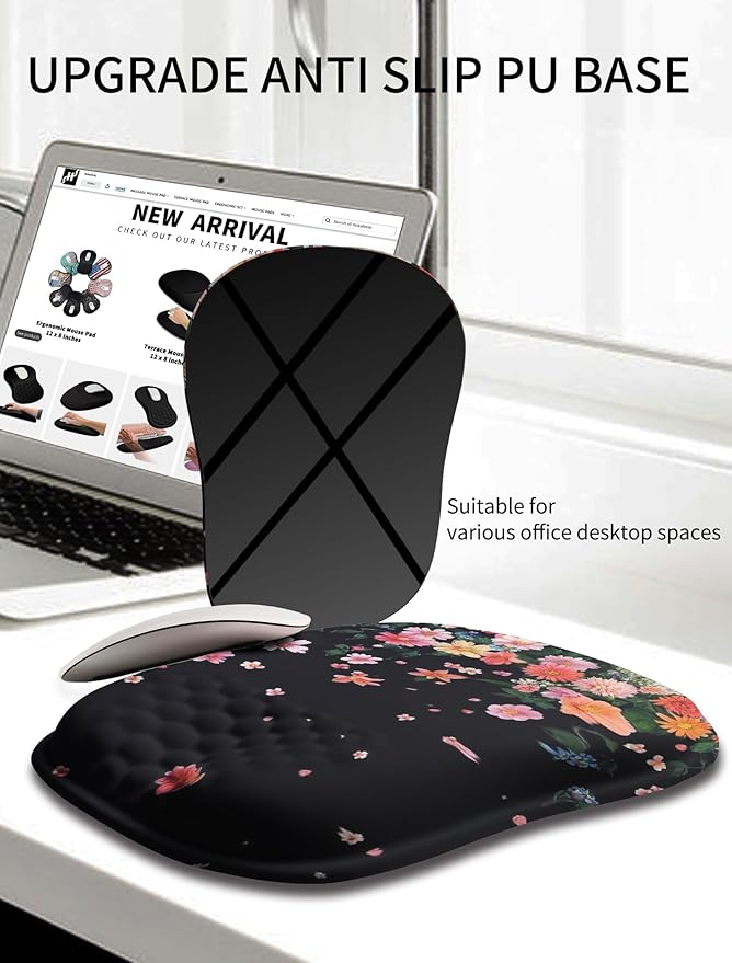 Hokafenle Ergonomic Wrist-Hugging Mouse Pad Wrist Support, U-Shaped Holding Wrist Rest Mousepad for Carpal Tunnel Pain Relief with Cushioned Memory Foam Slope Massage Bulge (10.2x8.3 in,Fall Flower)