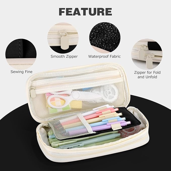 Large Capacity Pencil Case with Zipper, Aesthetic Pencil Pouch, Portable Stationery Organizer Bag for Teen and Adults, Big Pencil Bag for College, Office, Travel - Black