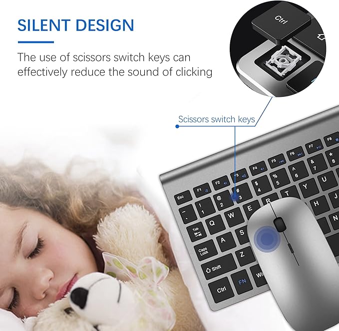 Wireless Keyboard and Mouse Ultra Slim Combo, TopMate 2.4G Silent Compact USB 2400DPI Mouse and Scissor Switch Keyboard Set with Cover, Batteries Included, for PC/Laptop/Windows/Mac - Gray Black
