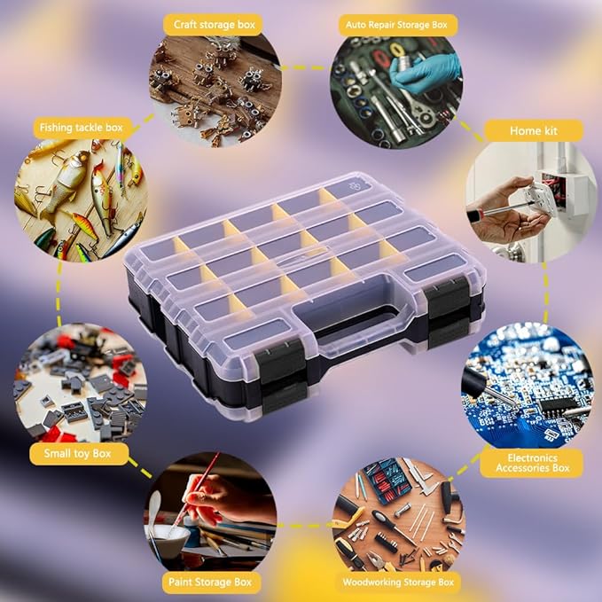 Tool Box Storage Organizer, TONGQI 34-Compartment Double Side Small Parts Box with Removable Plastic Dividers for Hardware, Screws, Bolts, Nails, Jewelry and Fishing Accessories, 2 Pack