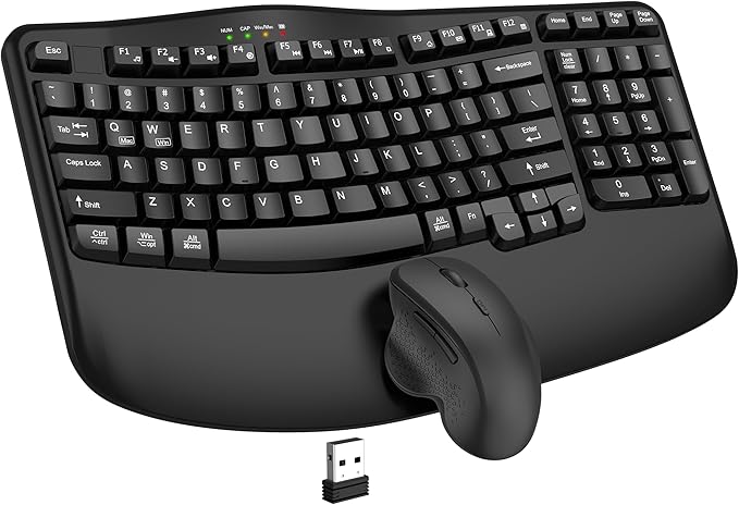 Wireless Keyboard and Mouse Combo, 2.4G Wave Keys Ergonomic Keyboard with Wrist Rest and 3 Level DPI Advanced Wireless Ergonomic Mouse, Natural Typing for Windows, Mac OS Desktop