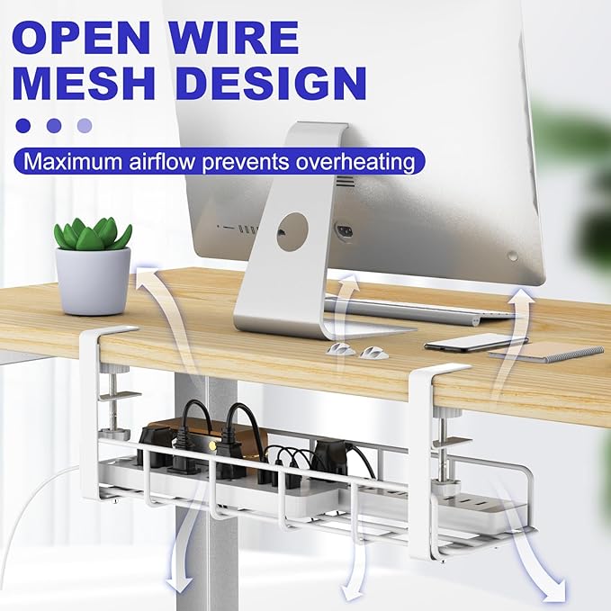 Under Desk Cable Management Tray, 31.5'' No Drill Steel Cable Tray Organizers, Wire Management Tray Cable Rack with Clamp Mount, Metal Under Desk Tray with Wire and Cord Organizer (White, 1 Pack)