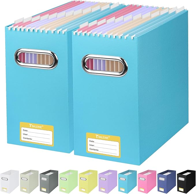 BALEINE File Organizer Box, Cardboard File Folder Organizer with Handle for Letter Size, Portable Collapsible Hanging Filing Box for Home Office Document Storage (2 Pack, Blue)