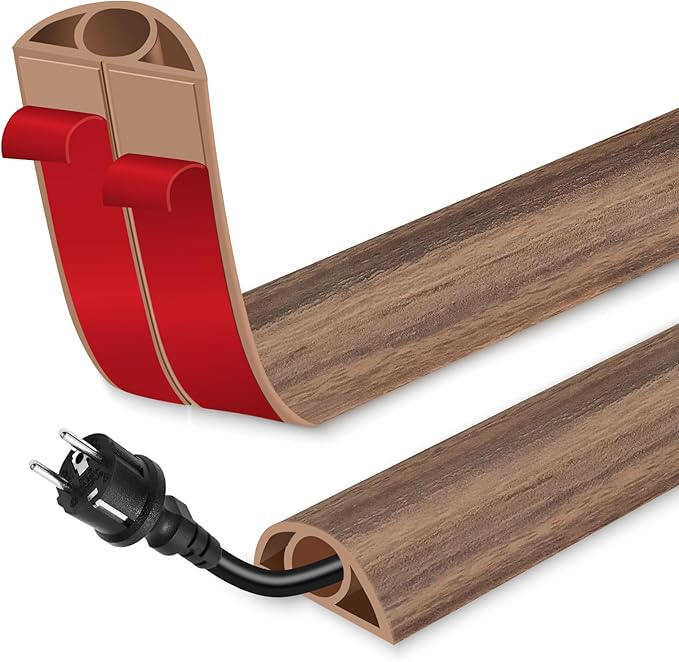 Floor Cord Cover for Wires on Floor Self Adhesive Cord Hider Floor Cable Management Wire Covers for Cords Protector Prevent Cable Trips Cord Cavity W 0.32" x H 0.32", Misty Brown Wood, 3.3Ft