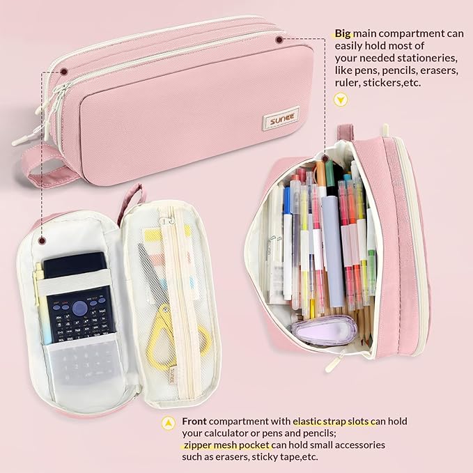 SUNEE Pencil Case, Large Capacity Pencil Pouch, Aesthetic Pen Bag Office Stationery Organizer Simple Sturdy Multifunctional for Teen Girls Women Men, Pink