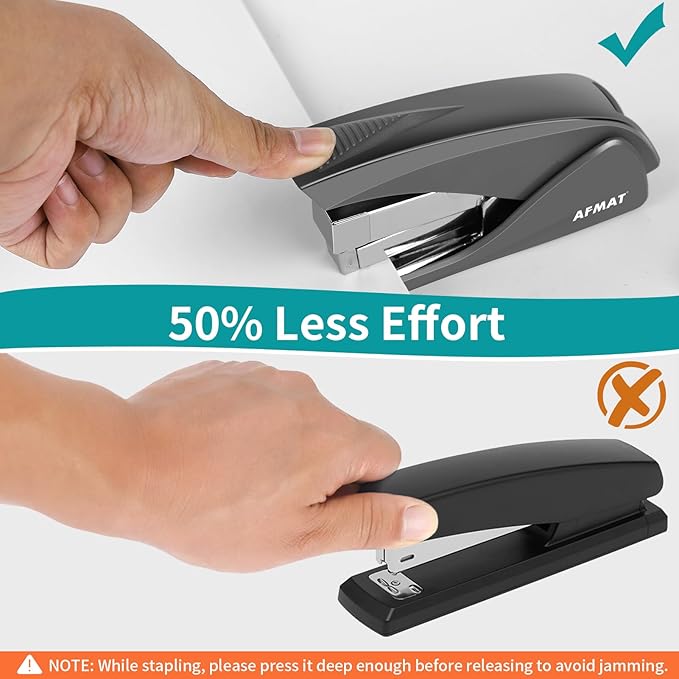 AFMAT Effortless Stapler for Desk, 50 Sheet Desktop Stapler, Ergonomic Office Staplers, One Finger Touch Stapling, Built-in Remover, Portable & Space Save Size, Good for Home & Office ES10(Gray)