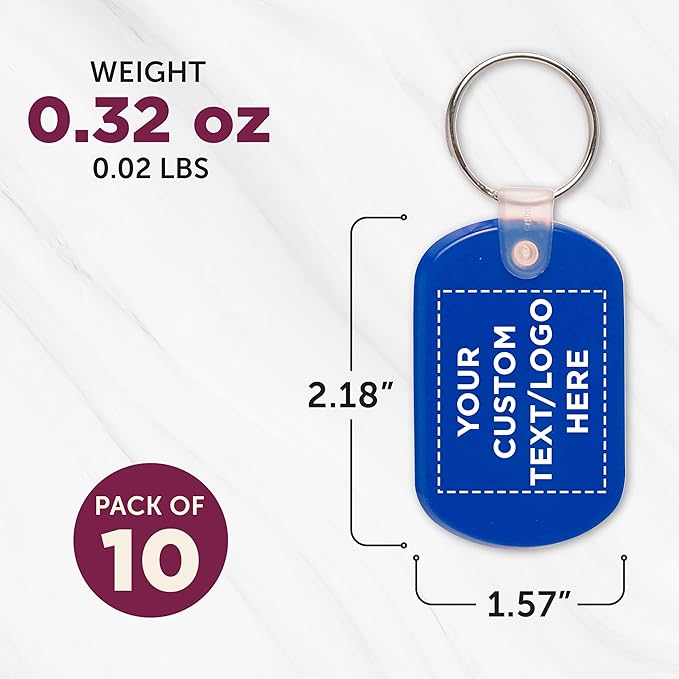 DISCOUNT PROMOS Tag Soft Plastic Keychains - 10 pack - Customizable Text, Logo - Small Key Tag Chain For Staying Organized - Rubber Key Ring Keychain – Blue