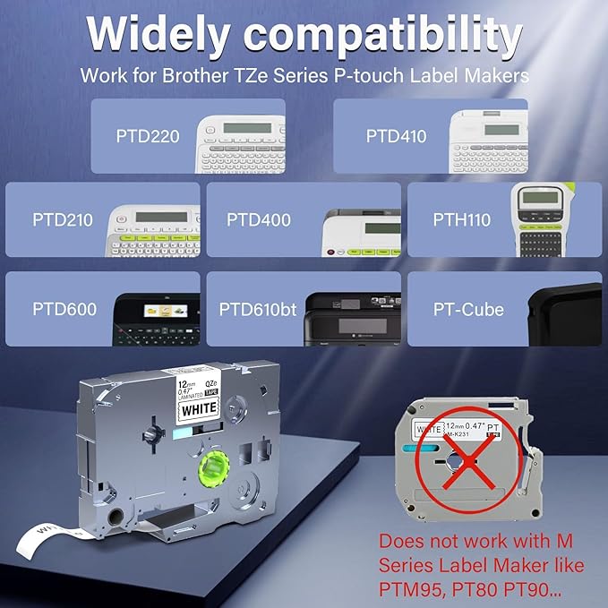 10pack 12mm 0.47'' TZe TZ Tape Laminated White Label Maker Tape Replacement for Brother P Touch Label Tape TZe-231 TZe231 Compatible with Brother PT-D210 PT-D220 PT-H110 PT-D410 PT-P710BT