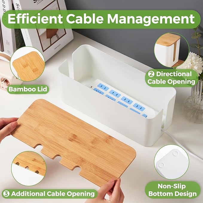 Cable Management Box, Cord Cable Organizer Box with Bamboo Lid, Under Desk Cable Management with 10 Cable Ties and 2 Cable Clip Holders for TV Router Computer USB Hub White