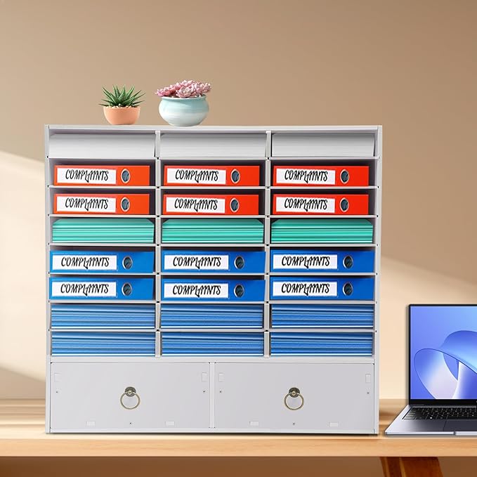 DYRABREST Wooden Literature Organizer 24 Slots Paper and Mail Organizer Storage Cabinet Desktop File Sorter with 2 Drawers, Adjustable Shelves for Home & Office School Mailrooms