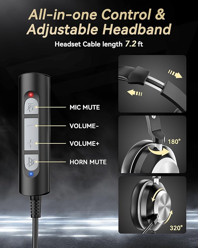 Voistek USB Headset with Microphone for PC & Laptop, On-Ear Computer Headset with Noise Canceling Microphone, in-line Control, All-Day Comfort for Work, Zoom, Teams, Online Meetings & Home Office