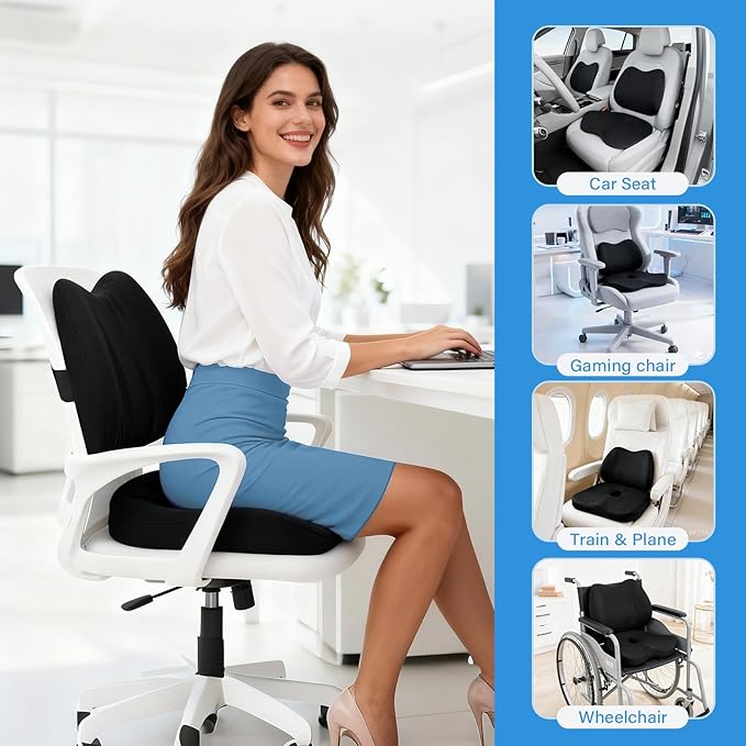 Seat Cushion Lumbar Support Pillow for Office Chair, X Large Memory Foam Chair Cushions for Sciatica Tailbone Pain Relief Coccyx Pad for Wheelchair, Car, Home, Office, Desk