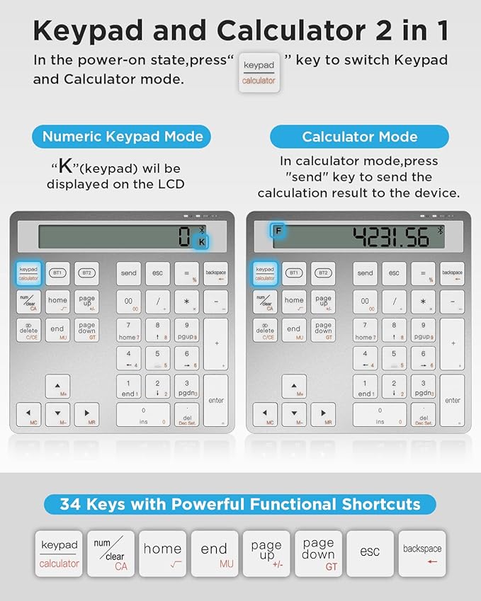 Rechargeable Wireless Number Pad for Laptop, 34 Keys Numeric Keypad with Dual Bluetooth & Display, 2-in-1 Numpad and Calculator, Slim Portable Number Pad Keyboard for Windows, Mac, PC, Tablet