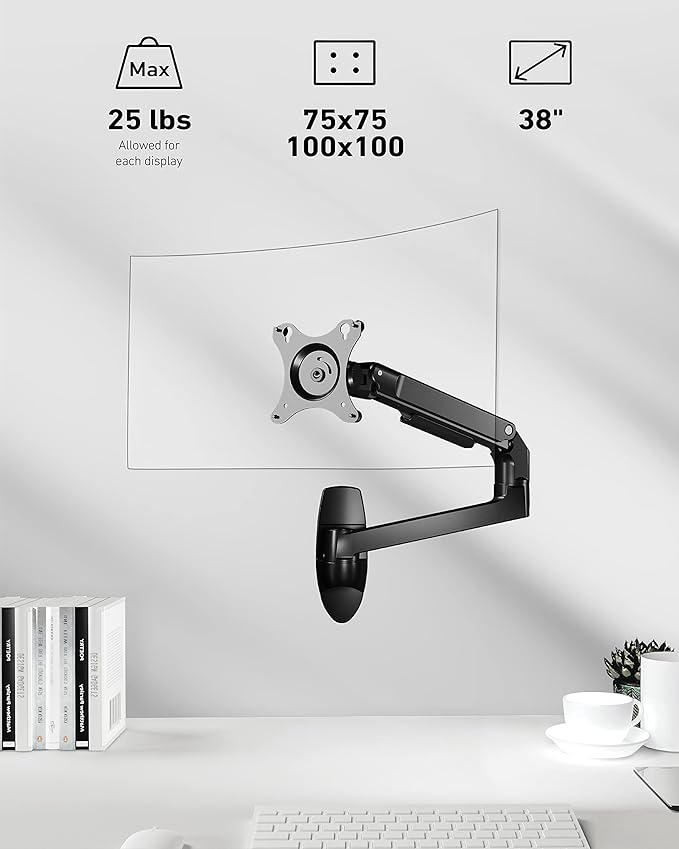 Monitor Wall Mount for Flat or Curved Screens up to 38" Within 25 lbs, Full Motion Adjustable Monitor Arm Wall Mount with Cable Management, VESA 75x75/100x100mm, Black