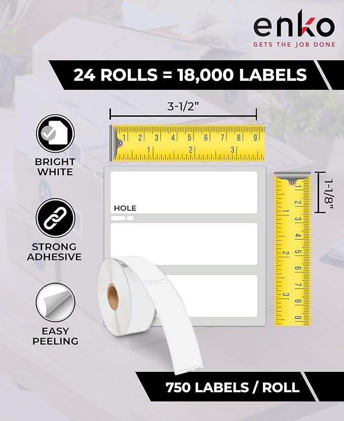 enKo Compatible for Dymo 30252 Labels (1-1/8" x 3-1/2") - Label for Dymo Labelwriter 450 Turbo Printer and 4XL - Blank White Direct Thermal Address, Shipping & Barcode Labels (24 Rolls | 8,400 Labels)