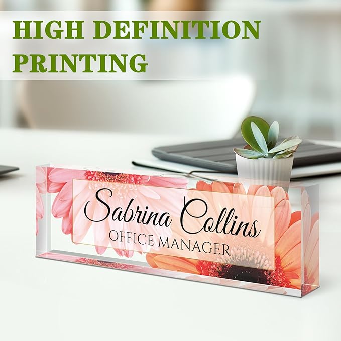 Name Plate for Desk, Desk Name Plate Personalized, Office Decor for Women Men, Acrylic Desktop Accessories, Office Appreciation Gifts for Boss Social Workers Nurse Teacher Employee (Sunflowers A)
