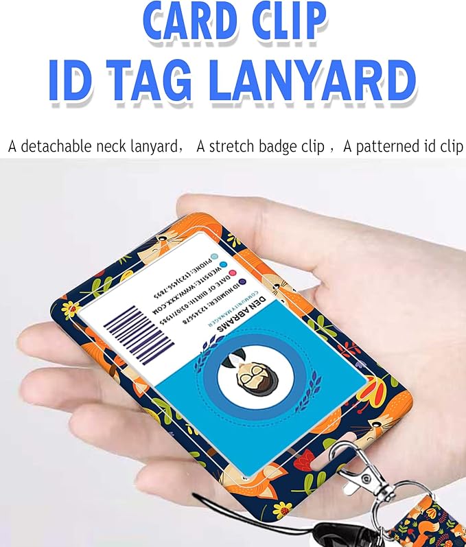 BLOCIT ID Badge Holder with Lanyard - Fashionable ID Card Holders with Retractable Lanyards - Soft Fiber Metal Clip Sturdy Buckle for Key Wallet - Work Nurse Teacher (Cute Flower Fox)