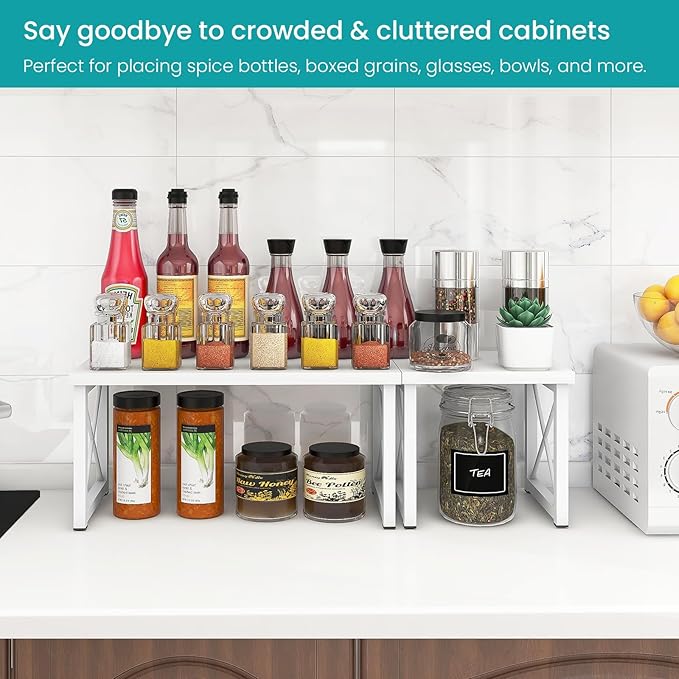 ELITEROO Wood Desktop Shelf, Freestanding Small Bookshelf Dorm Supplies Organizers, 2 Tier Independent Stackable Desk Stand, Adjustable Storage Organizer, Kitchen Counter Display Rack, White