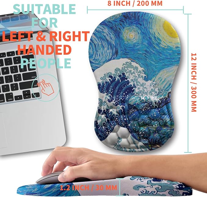 Ergonomic Mouse Pad Wrist Support with Memory Foam Massage Bulge, Carpal Tunnel Pain Relief Mousepad Wrist Rest for Mouse(12x8 inch,Wave Starry)