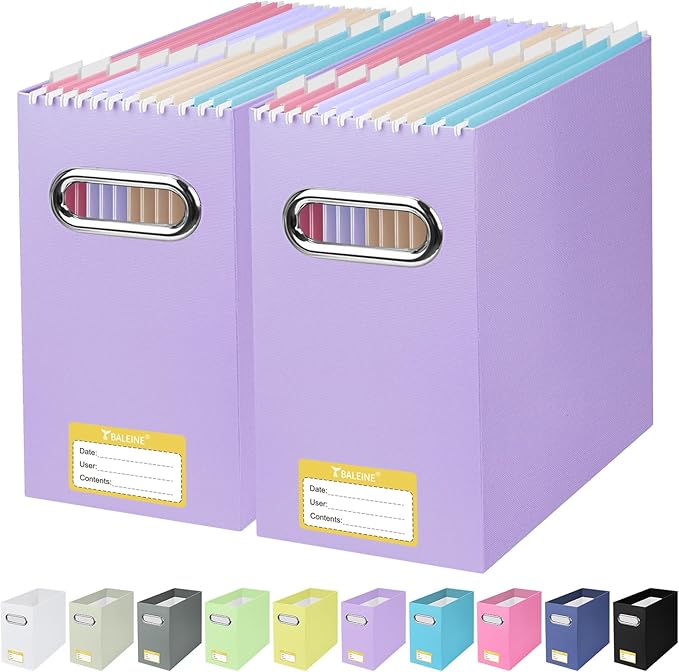 BALEINE File Organizer Box, Cardboard File Folder Organizer with Handle for Letter Size, Portable Collapsible Hanging Filing Box for Home Office Document Storage (2 Pack, Lavender)