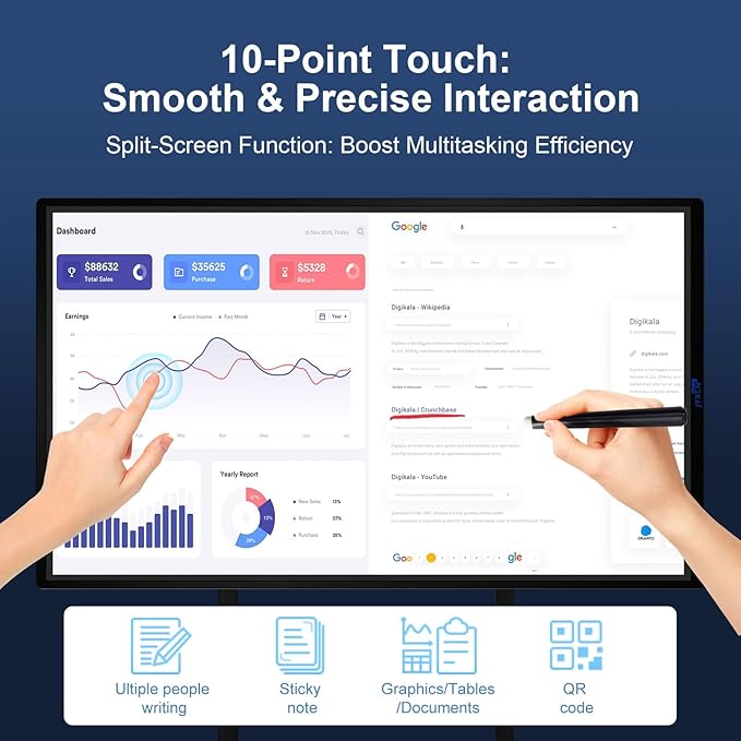 49" FHD Smart Board | Interactive Digital Whiteboard for Classroom, Office & Home | 8GB+64GB, Wireless Screen Mirroring from Android 12, Advanced Touch Annotation, Live Streaming (Board Only)