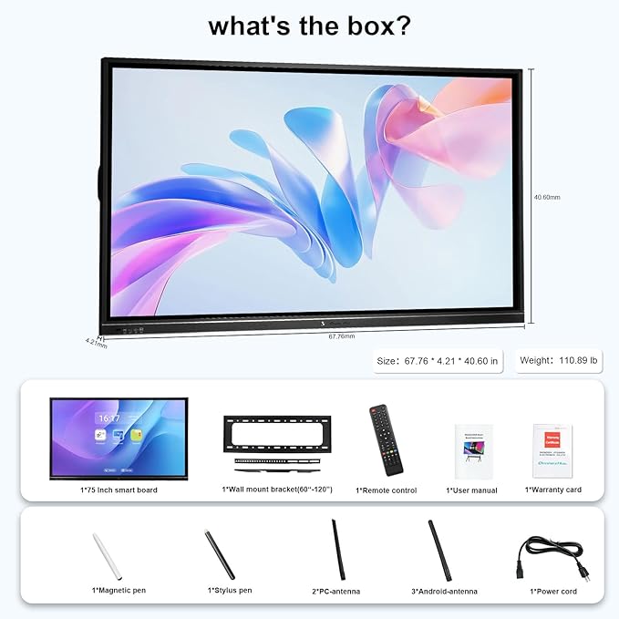 75" Smart Board, 4K UHD Interactive Whiteboard, Digital Touchscreen Smartboard with Open App Ecosystem & Dual System, Ideal for Classroom, Home, Office, Business (Wall Mount Included)