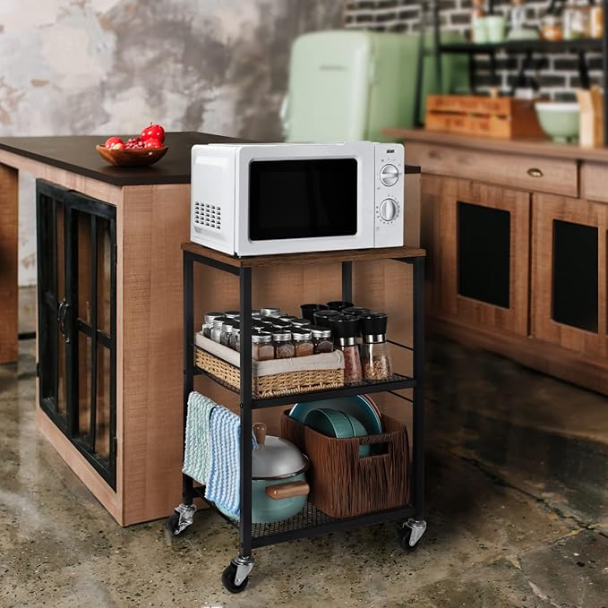 LIANTRAL 3 Tier Rolling Cart, Brown Kitchen Carts on Wheels with Storage, Multifunctional Utility Cart for Kitchen, Bathroom, Living Room, Bar, Office