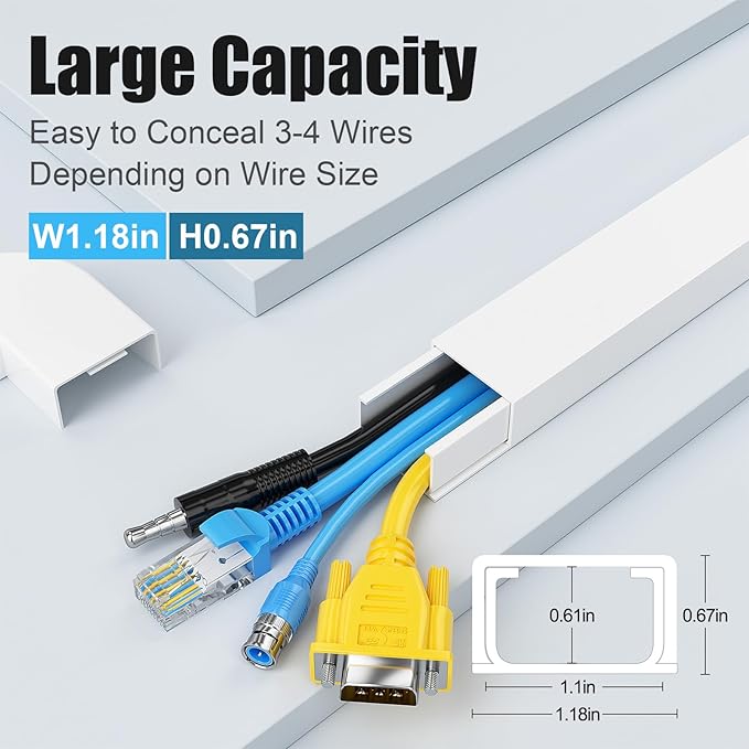 Yecaye Cord Hider, 113in Large Cord Covers for Wires on Wall, Cord Organizer for 3-4 Wires, Easy Install Cable Management Kit, TV Wire Hider for Home Office, W1.18in H0.67in, White
