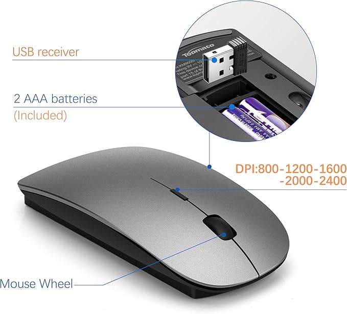 Wireless Keyboard and Mouse Ultra Slim Combo, TopMate 2.4G Silent Compact USB 2400DPI Mouse and Scissor Switch Keyboard Set with Cover, Batteries Included, for PC/Laptop/Windows/Mac - Gray Black