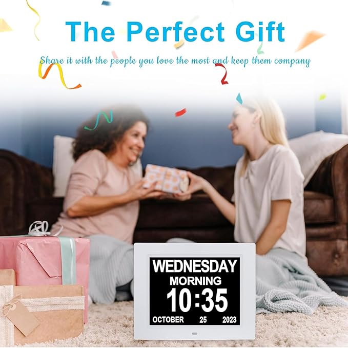 8 Inch Extra Large Calendar Day Date Time Clock with Non-Abbreviated Day Month Dementia Clocks Perfect for Senior Elderly Impaired Vision Memory Loss