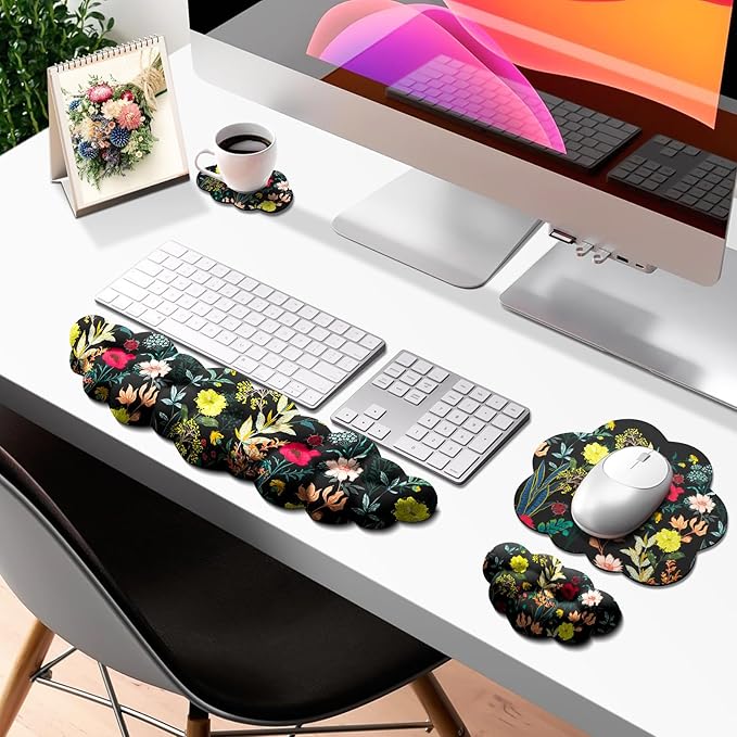JIKIOU Cloud Wrist Rest Keyboard, Cloud Keyboard Wrist Pad Set with Comfortable Cloth, Cute Arm Rest for Palm Support, PC/Gaming Desk Accessories/Office Setup/Computer Hand Cushion Black Flowers
