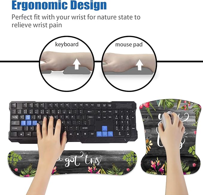 Keyboard and Mouse Wrist Rest Support Set With Coasters - You Got This Inspirational Quote Pad With Non-Slip PU Base for Home Office Working Studying Easy Typing & Pain Relief