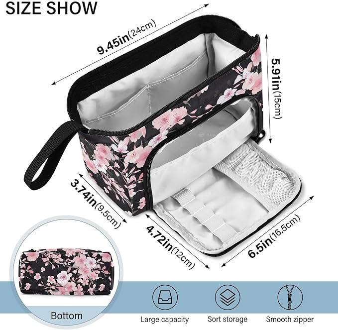 Black Cherry Blossom Pencil Case Pouch Big Capacity Pencil Bag Box Organizer Pen Case Pencil Pouch Aesthetic with Handle for Girls Boys Adults Women School Office