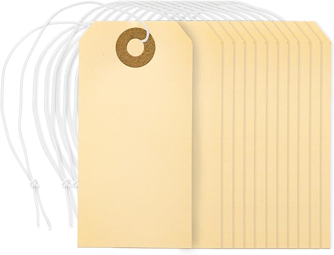 Perco Manila Shipping Tags with Elastic Strings — Small Durable Blank Paper Tags 2¾″ x 1⅜″ — Ideal for Labeling and Inventory Use — Box of 500