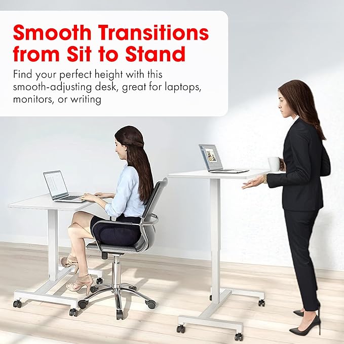 FitDesk Portable Laptop Desk, Rolling Standing Workstation Adjustable Height, Compact Standing Table with Large Surface, Small Stand Desk for Home Office, 30 lb Weight Limit – White, 27" Tabletop