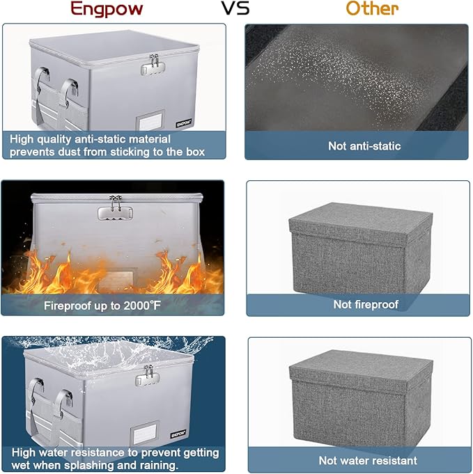 ENGPOW File Box with Lock, Fireproof Document Box with Pockets, Collapsible File Organizer Filing Storage Cabinet with Handle, Portable Home Office Safe for Hanging Letter/Legal Folders,Silver,2 Pack