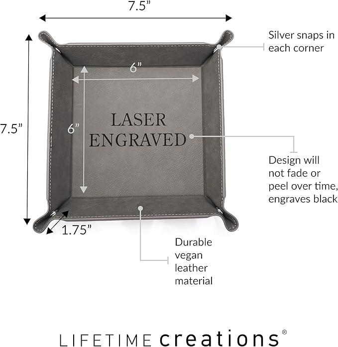 Lifetime Creations Personalized Valet Tray (Gray) - Custom Engraved Vegan Leather Snap Catchall, Gifts for Groomsmen