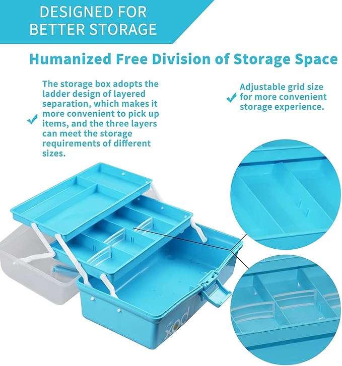 12in 3-Layer Plastic Craft Organizers and Storage, Portable Folding Tackle Box with Handle & Adjustable Dividers, Multipurpose Case for Sewing, Art Supplies, Medicine, Tools (Blue)