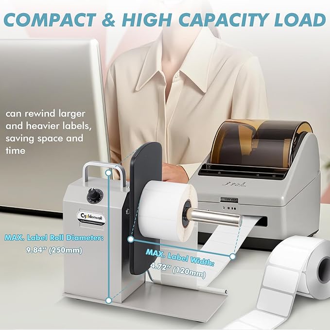 CGOLDENWALL Automatic Label Rewinder, 9.8" Dia. Bidirectional Rewinding, 1/1.5/3" Core, Speed Ajustable, Thermal Label Hangtag Washing Label, Synchronize with Various Printers