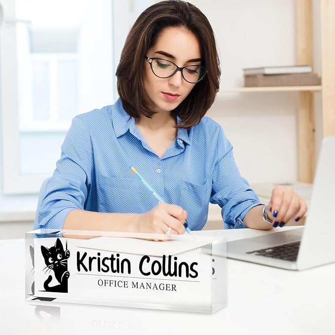 Custom Name Plate for Desk, Personalized Desk Name Plate on Clear Acrylic Glass, Appreciation Gifts for Teacher Employee Boss Coworkers Nurse, Office Desktop Accessories For Women Men (Slate)