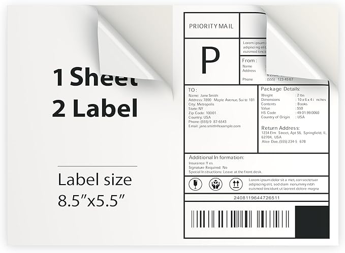 100 Sheet (200 Labels) | 8.5" x 11" 2 UP Half Sheet Self Adhesive Shipping Labels for Laser & Inkjet Printers | Ecommerce, Address, Mailing, Labeling, Packaging