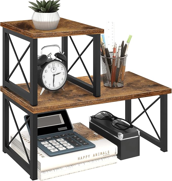 ELITEROO Wood Desktop Shelf, 2 Tier Adjustable Small Bookshelf Organizer, Freestanding Stackable Desk Stand, Storage Organizers, Kitchen Counter Display Rack, Rustic Brown