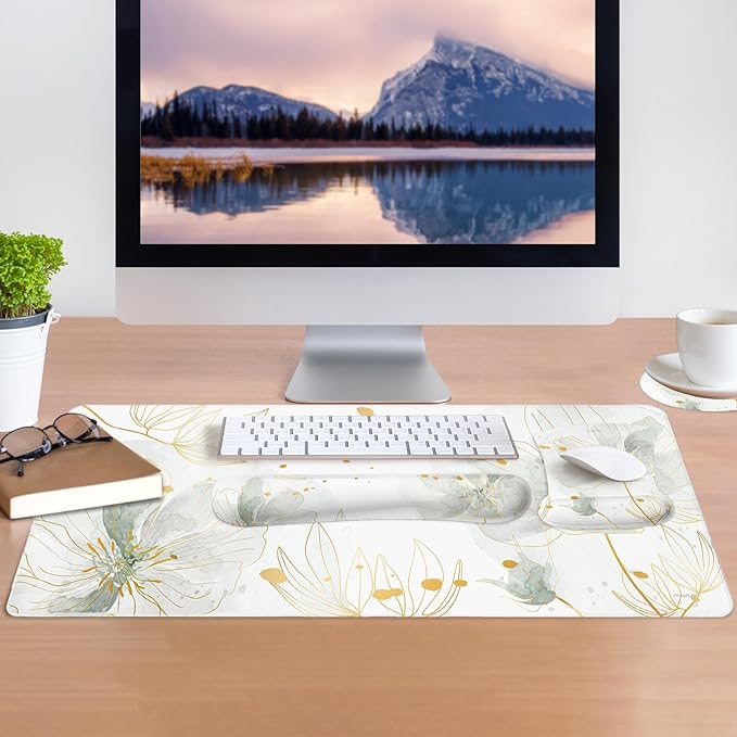 MOSISO Desk Mat Keyboard Mouse Pad Set, Large Gaming Mouse Pad&Keyboard Wrist Rest&Mousepad with Wrist Rest&Coaster, Ergonomic Non-Slip Home Office Mousepad with Memory Foam, Green