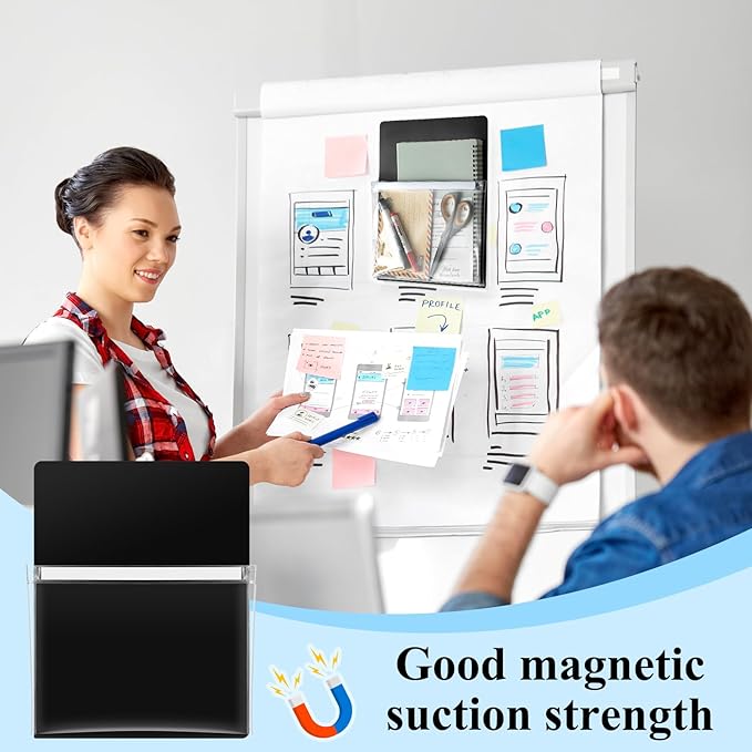 Henoyso 5 Pcs Magnetic File Holder Paper Holder Magnetic Pen Dry Erase Marker Organizer Fridge Pocket Organizer for Whiteboard Refrigerator, 12 x 9.5 in (Black)