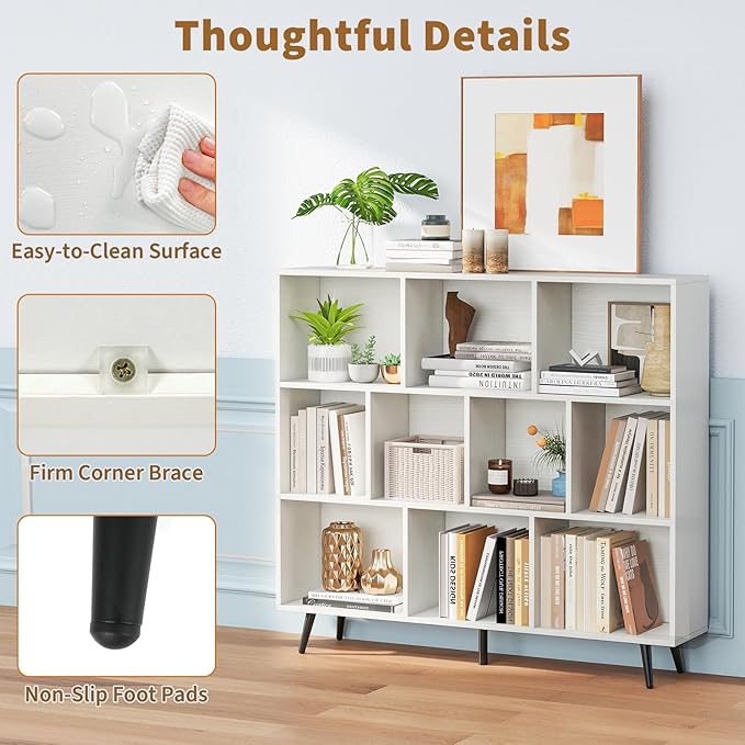 Tangkula 10-Cube Bookcase, Modern 47”L Storage Bookshelf with 5 Tapered Metal Legs & 2 Anti-Tip Kit, Freestanding Display Rack for Living Room, Study Room (White, 10-Cube)