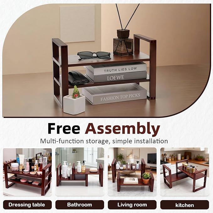 Desk Shelves Desktop Organizer Shelf-No Tools Assembly Interlocking Joints for Enhanced Stability Holds 130lbs for Desk Organizers and Bookshelf Table Top Shelving in Office-Walnut Colour