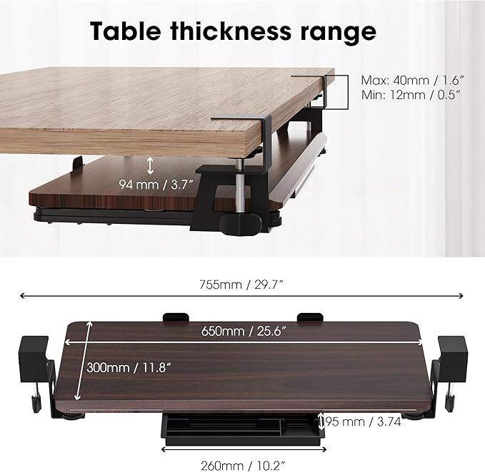 Fenge Keyboard Tray Under Desk, Pull Out Keyboard & Mouse Tray with C Clamp Mount, Sliding Keyboard Holder for Desk, 25.6 x 11.8 inch Large Slide-Out Platform Computer Drawer for Typing, Brown