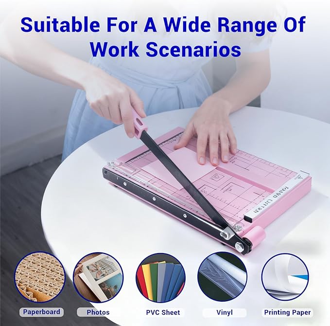 Guillotine Paper Cutter, Heavy Duty 12-Sheet Capacity Trimmer for Cardstock, Photos, Scrapbooking, Office, Classroom, Studio (Pink)