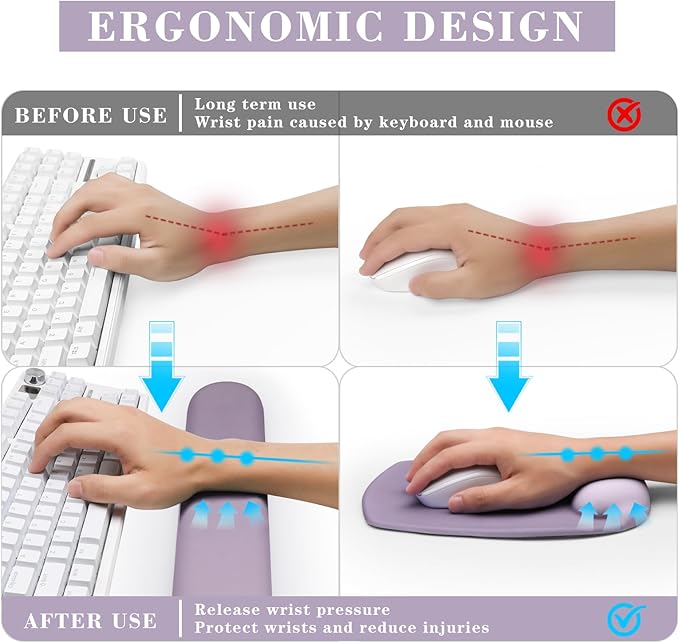 Wrist Rest Support for Mouse Pad and Keyboard Set, Ergonomic Gel Computer Keyboard Wrist Rest with Memory Foam for Long Hours of Work, Gaming, Studying-Relieve Wrist Pain (Purple)