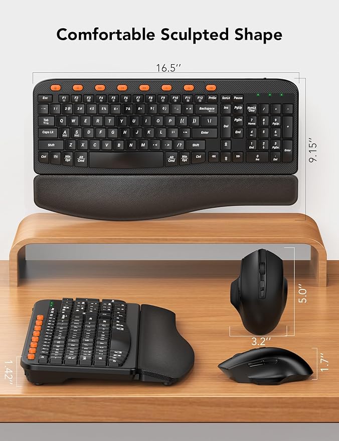 Wireless Keyboard and Mouse Combo, Ergonomic Wave Keys, Cushioned Plam Rest, Comfortable Silent Natural Typing, 2.4G Lag-Free, Full Size Keyboards Cordless Set for Multi-OS, Windows/Mac -SABLUTE